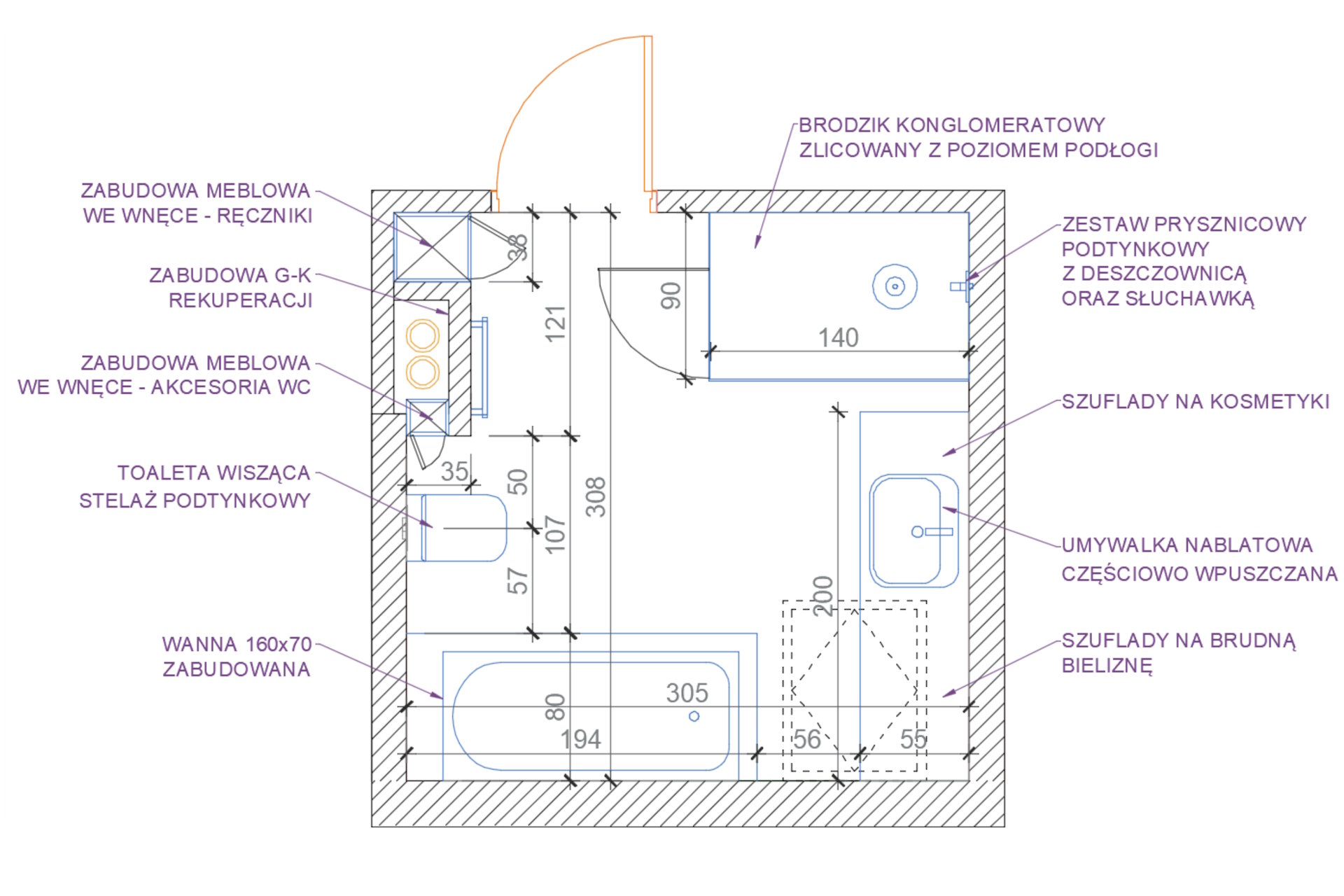 projekt łazienki Plan 2D łazienki