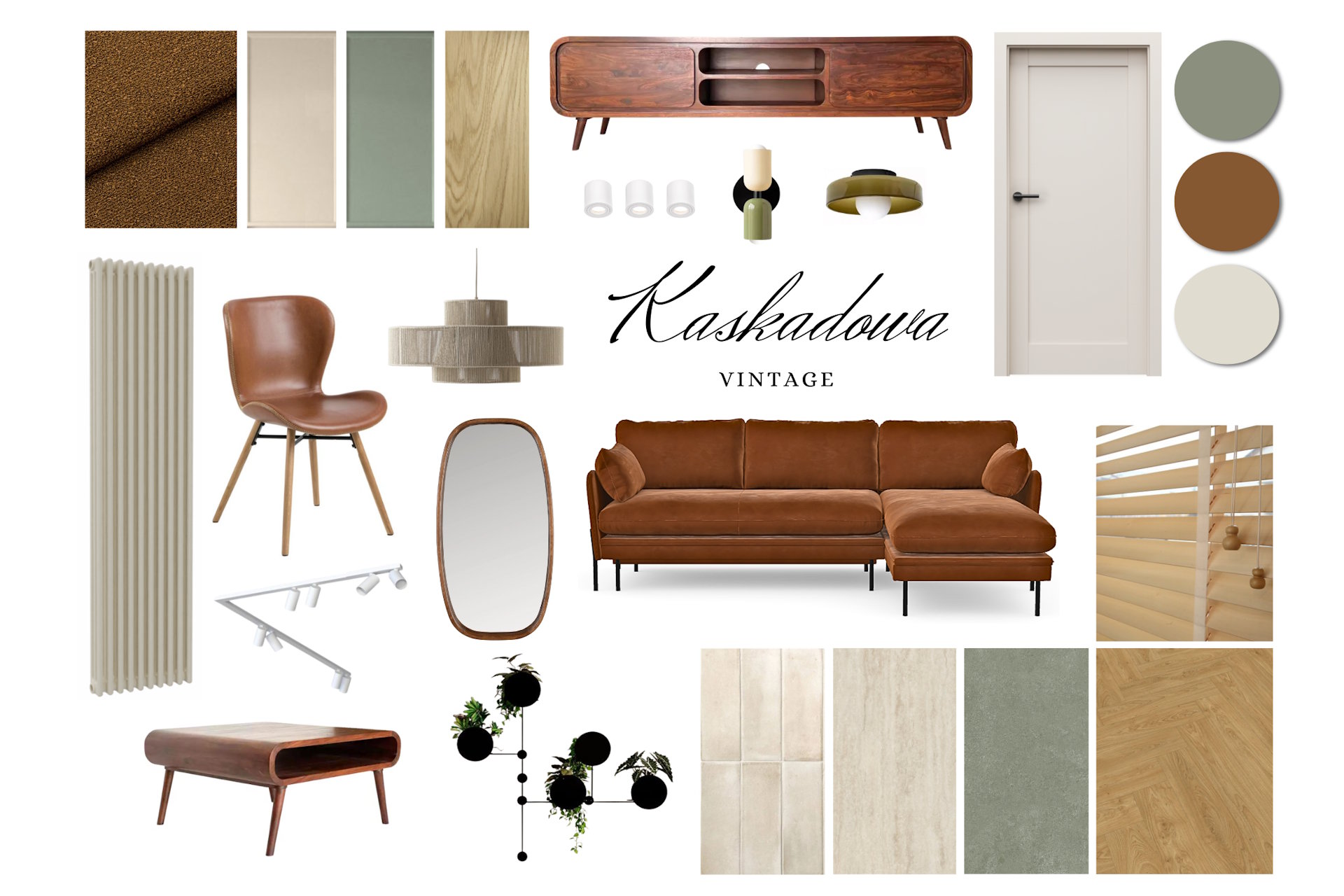 moodboard Salon z zieloną kanapą